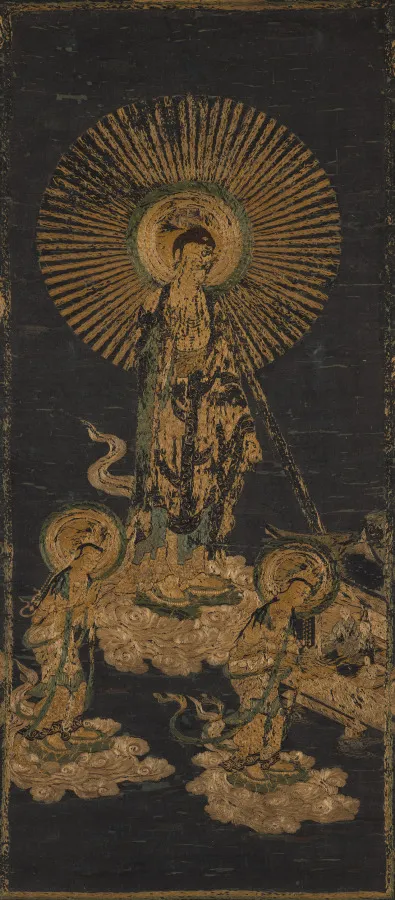 Embroidered Welcoming Descent of Amida Triad, by Unknown artist