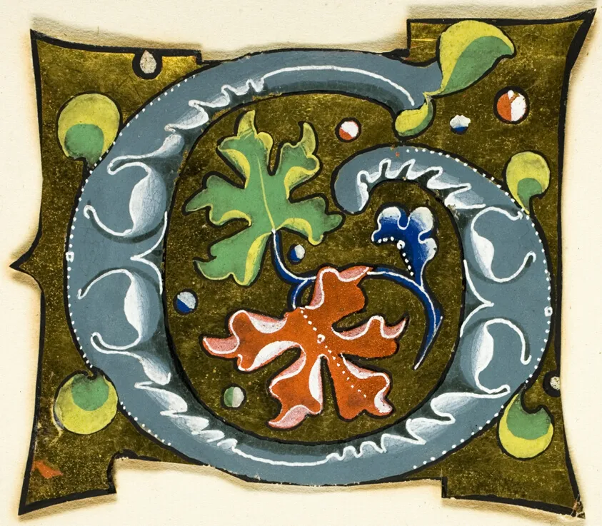 Decorated Initial "G" in Grey with Red, Green and Blue Leaves from a Manuscript, by Unknown artist