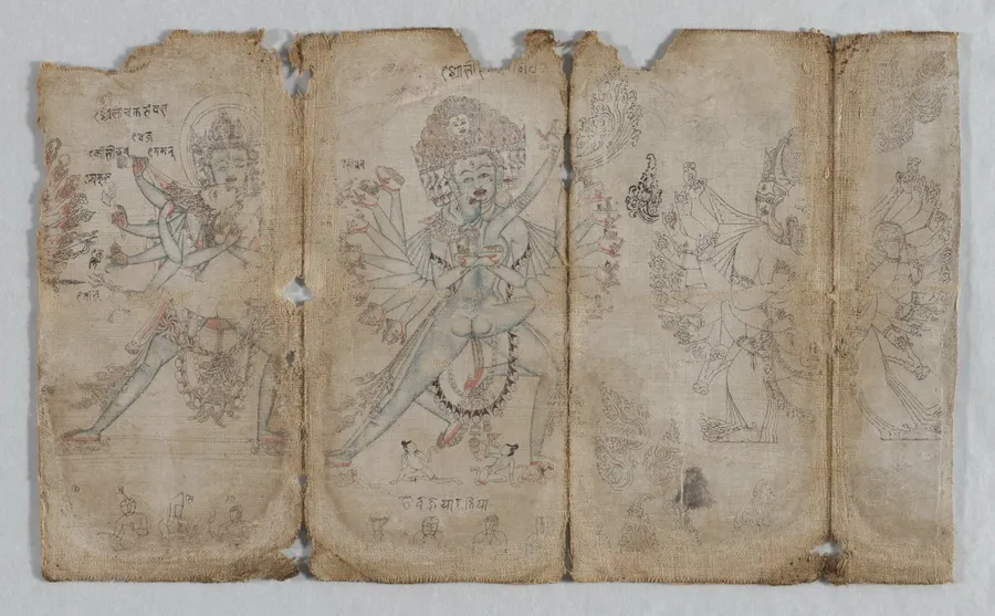 Iconographic Drawings: Chakrashamvara with Vajravarahi, Hevajra with Nairatmya, and Yamantaka (verso), by Unknown artist
