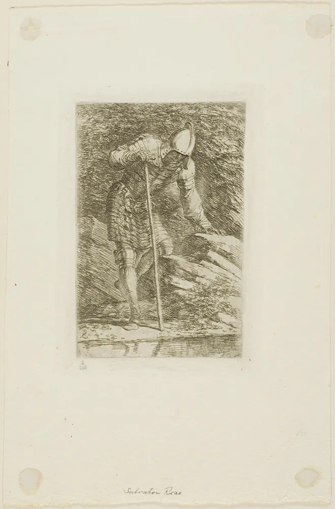 A Warrior in Full Armor in a Grotto, by Salvator Rosa