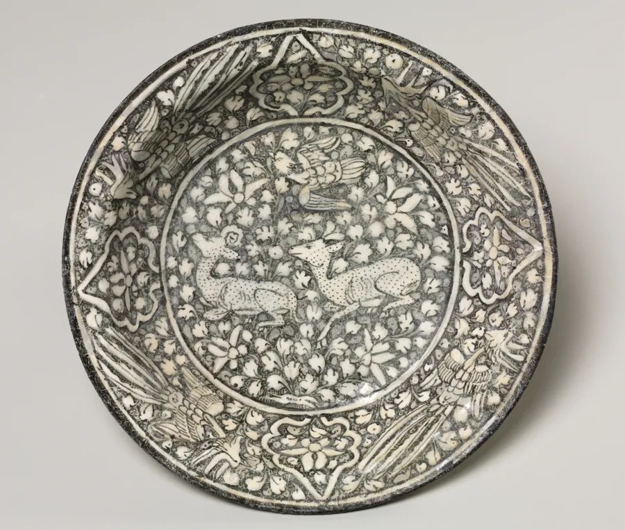 Ceramic dish with deer, phoenix, and lotus blossoms, by Unknown artist