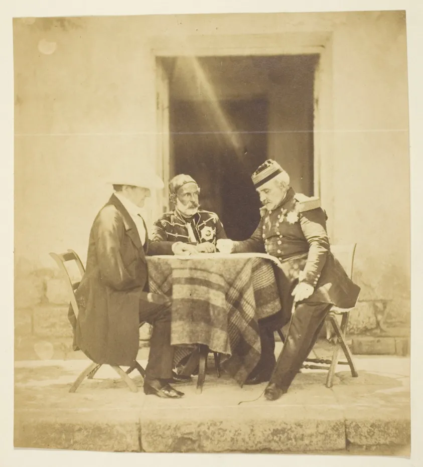 A Council of War: Lord Raglan, Omar Pacha and Pelissier, Taken the eve Before the Taking of the Mankelen, Crimea, by Roger Fenton