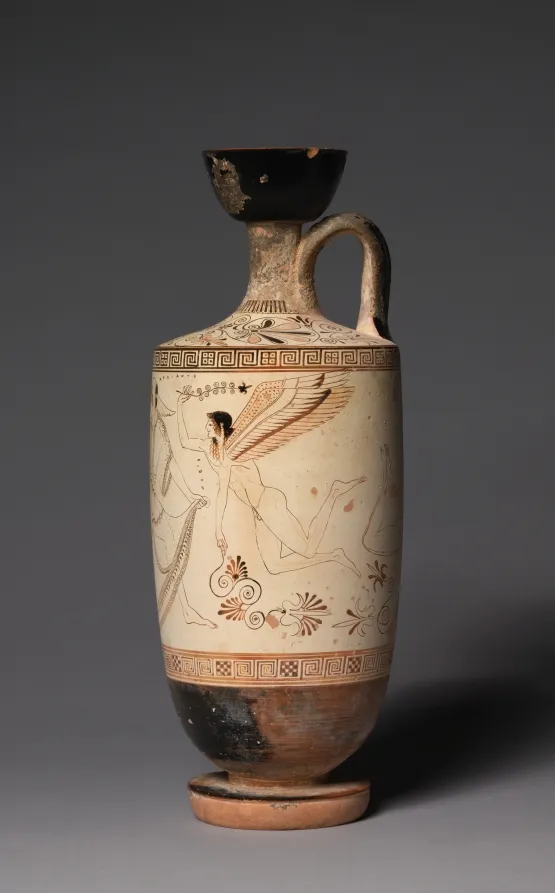 White-Ground Lekythos (Oil Vessel): Atalanta and Erotes, by Douris