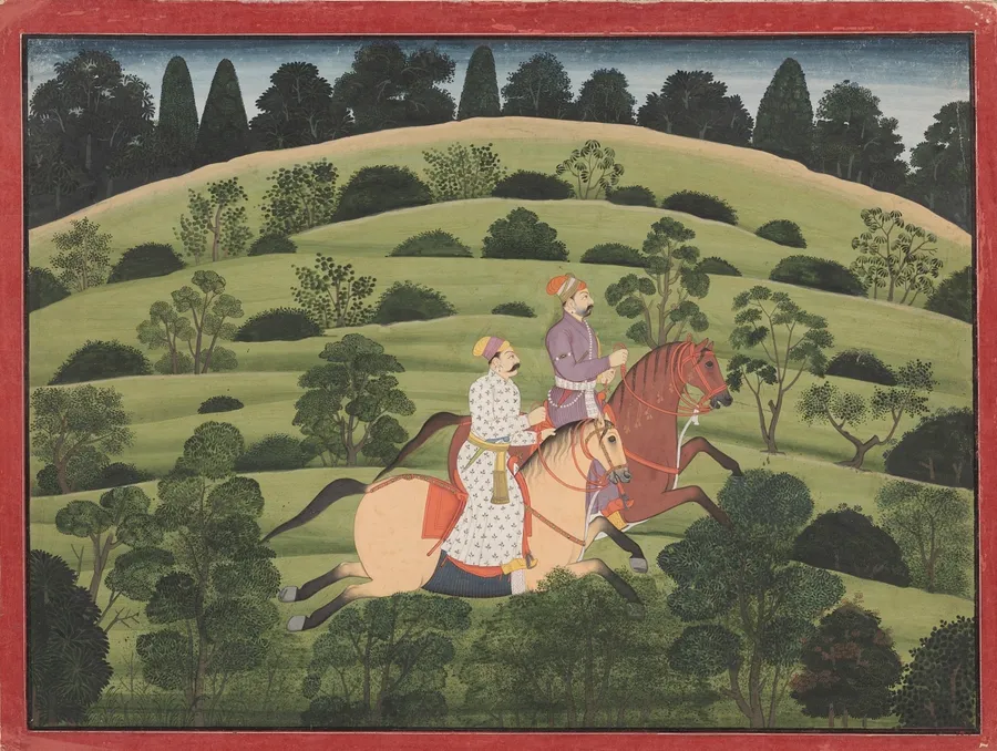 Akrura and Kritavarma flee Dvaraka, page from the "Large Basohli" Bhagavata Purana, by Unknown artist