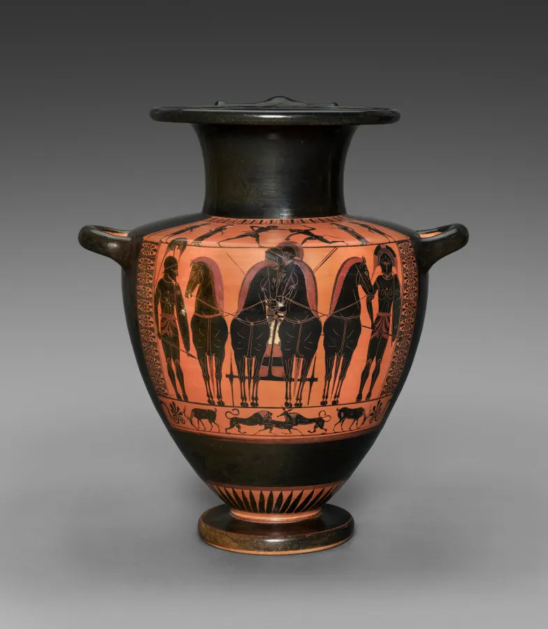 Black-Figure Hydria (Water Vessel): Frontal Quadriga (Body); Theseus and Minotaur (Shoulder), by Antimenes Painter