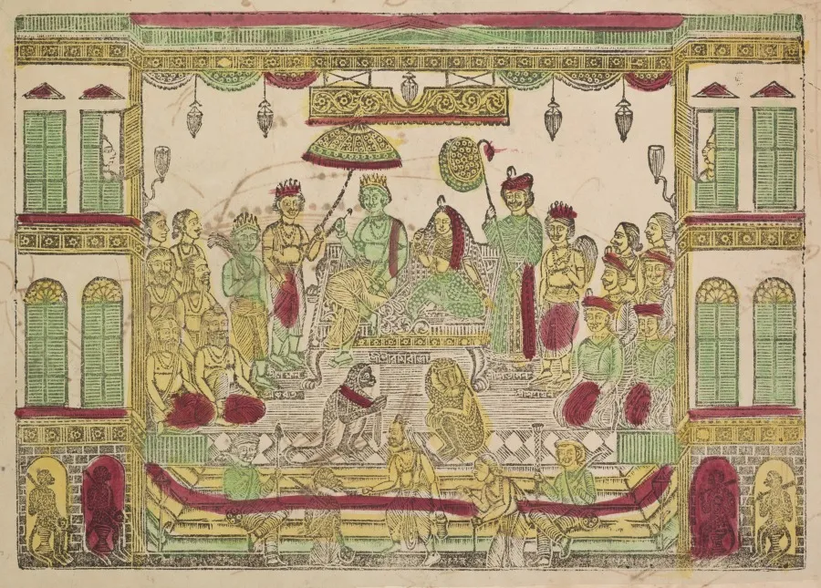 Rama and Sita in the royal palace (recto), from a Kalighat album, by Shri Gobinda Chandra Roy