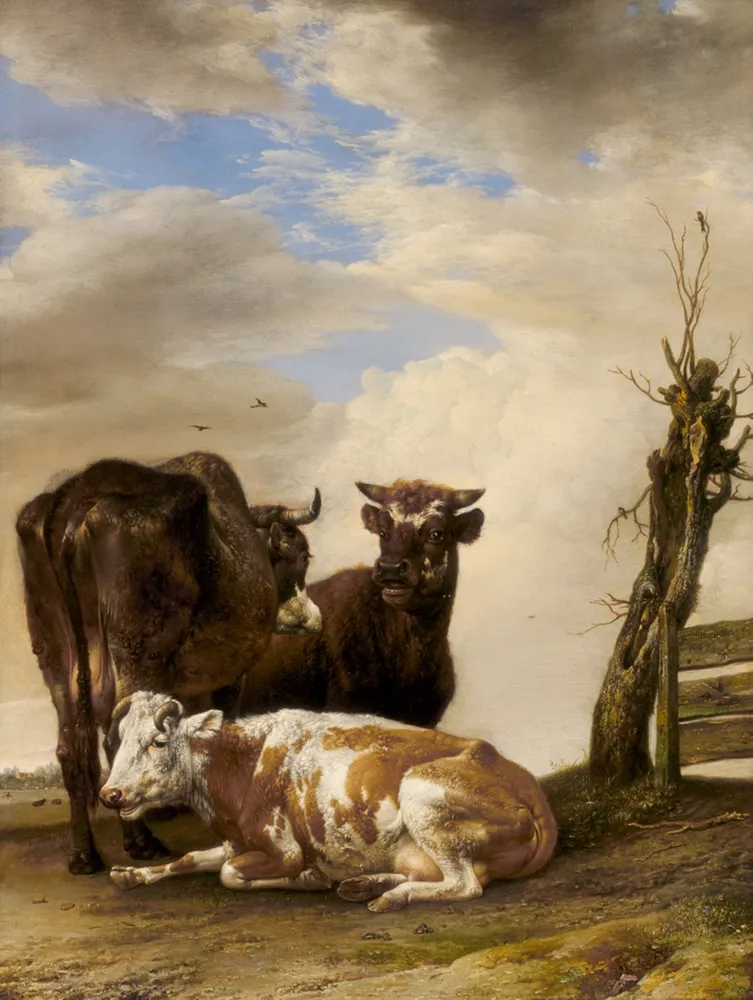 Two Cows and a Young Bull beside a Fence in a Meadow, by Paulus Potter