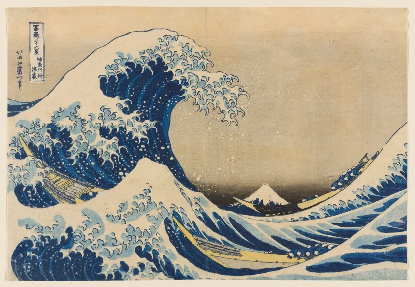Under the Wave off Kanagawa (Kanagawa oki nami ura), also known as The Great Wave, from the series "Thirty-Six Views of Mount Fuji (Fugaku sanjurokkei)", by Katsushika Hokusai