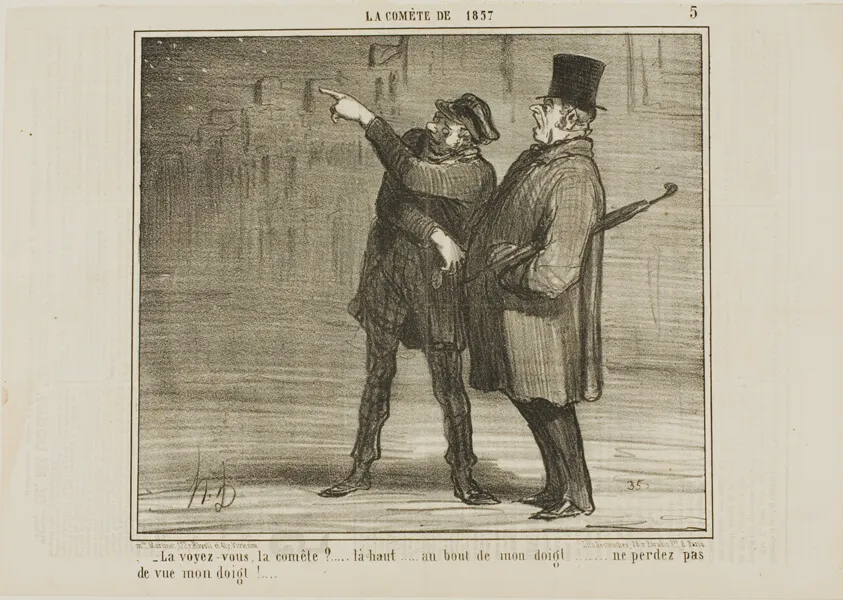 "- Can you see the comet?... just there, at the tip of my finger ... don't lose sight of my finger tip!," plate 5 from La Comète De 1857, by Honoré-Victorin Daumier