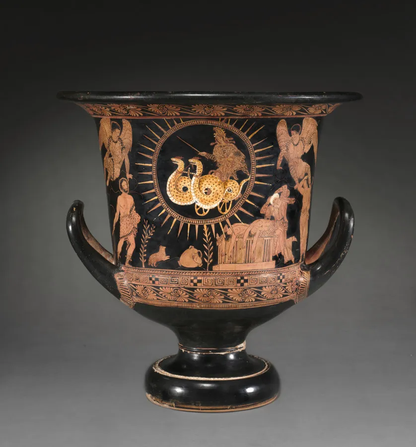 Red-Figure Calyx-Krater (Mixing Vessel): Medea in Chariot (A); Telephos with Baby Orestes (B), by Policoro Painter