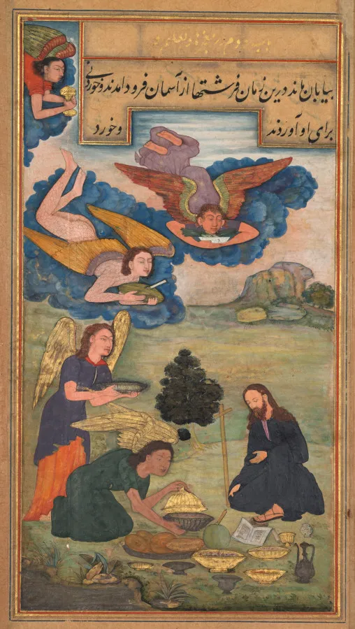 Angels bring food to Jesus in the wilderness (folio 55 recto), from a Mirror of Holiness (Mir’at al-quds) of Father Jerome Xavier, by Muhammad Sharif