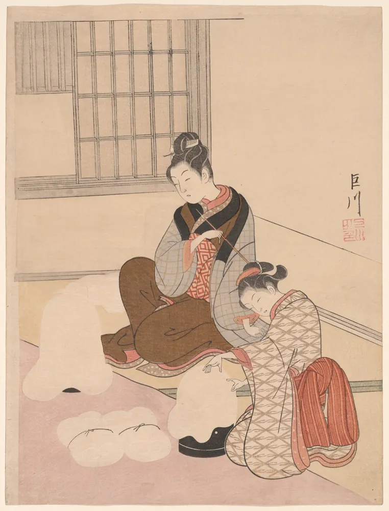 Evening Snow on a Floss Shaper (Nurioke no bosetsu), from the series "Eight Views of the Parlor (Zashiki hakkei)", by Suzuki Harunobu