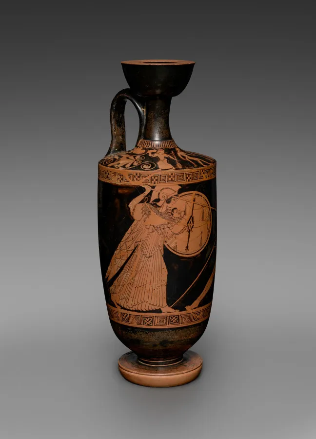 Red-Figure Lekythos (Oil Vessel): Athena Slaying Giant (body); Satyr between Maenads (shoulder), by Berlin Painter
