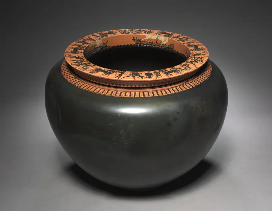 Black-Figure Dinos (Mixing Vessel): Warships (Int.); Heroic Scenes (Top), by Antimenes Painter
