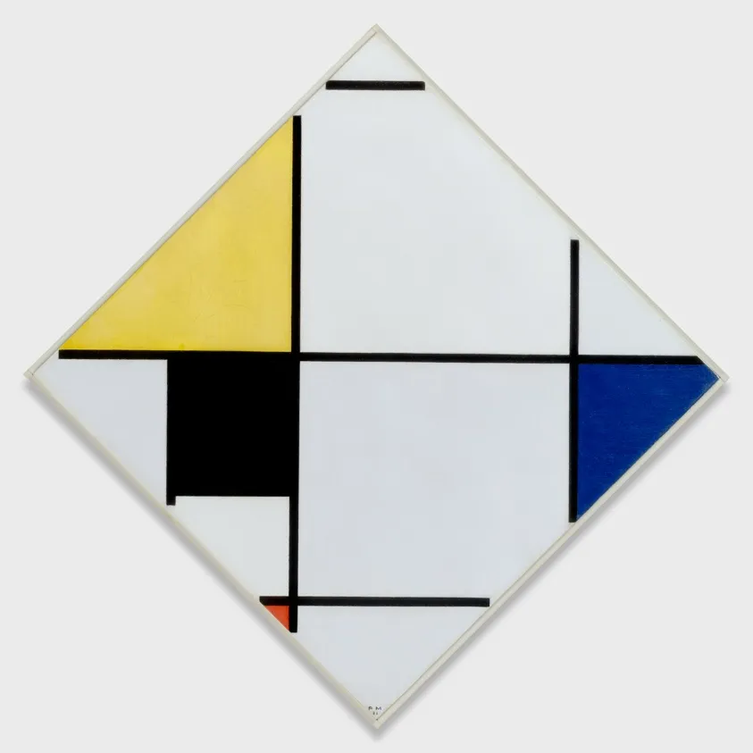 Lozenge Composition with Yellow, Black, Blue, Red, and Gray, by Piet Mondrian