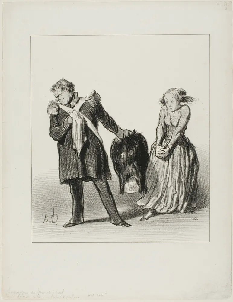 “- Here, Eudoxie, take my bear skin... since from now on I will not have the pleasure any more to wear it, I give it to you to make a muff out of it... This way I have at least the satisfaction of seeing it from time to time”, by Honoré-Victorin Daumier