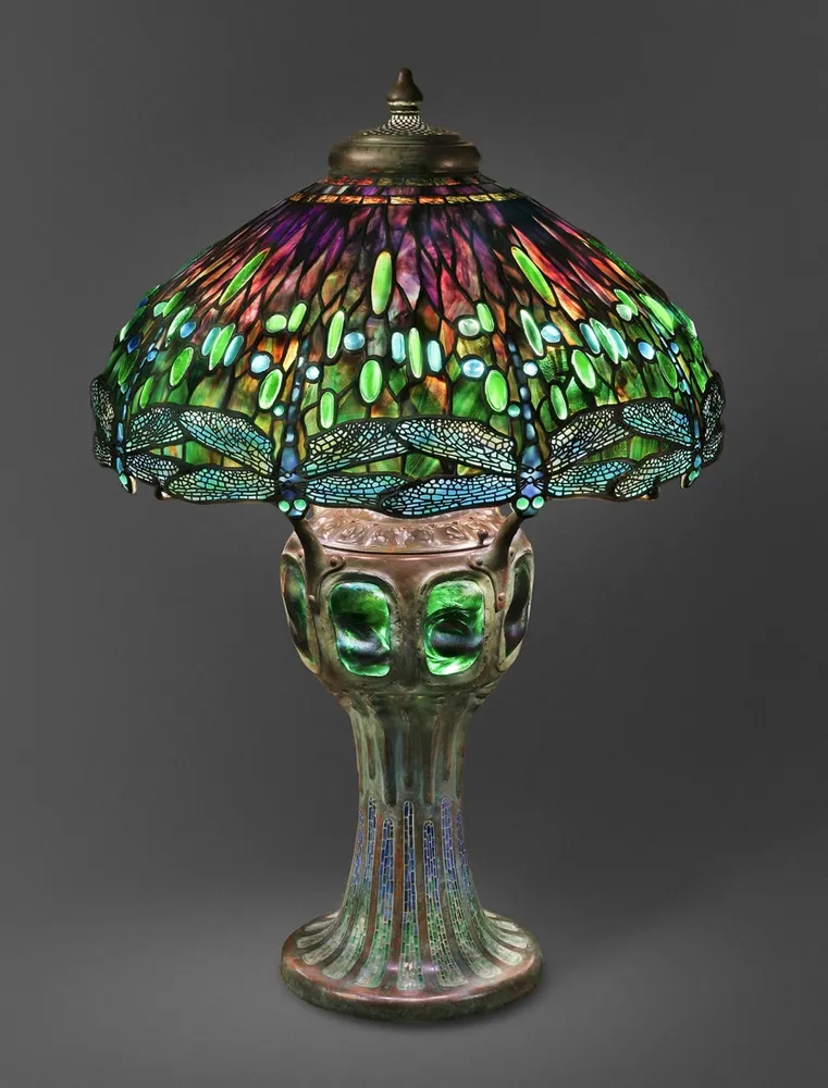 Lamp with Hanging Head Dragonfly Shade and Mosaic and Turtleback Base, by Clara Driscoll