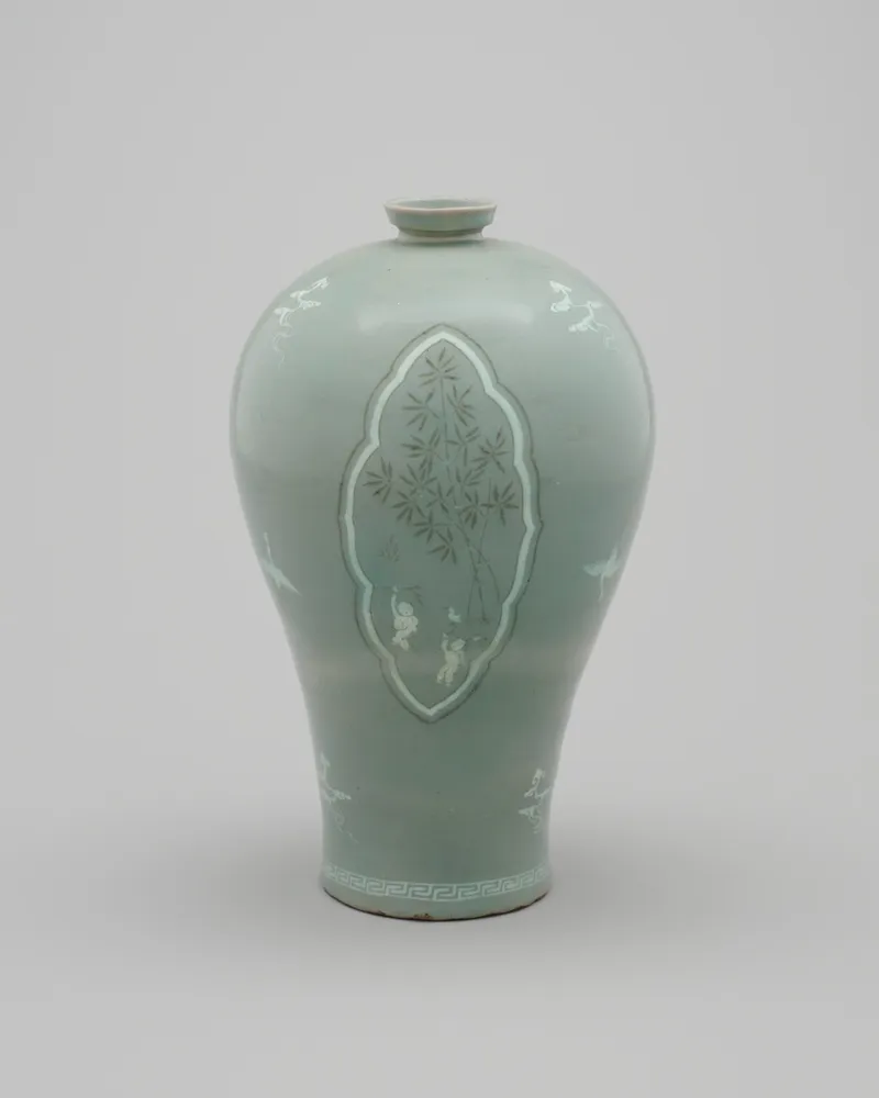 Plum Vase (Maebyeong) with Clouds, Cranes, and Children Motifs, by Unknown artist