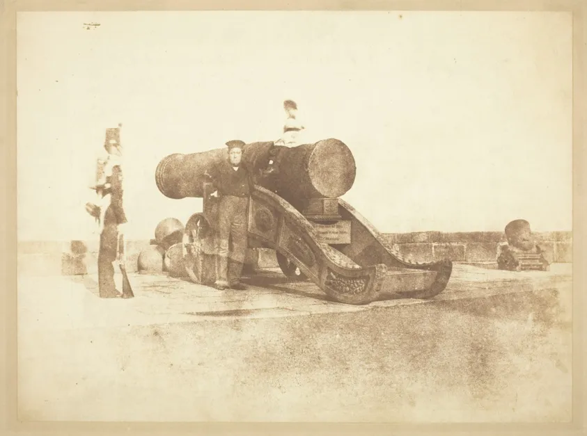 The cannon 'Mons Meg' at Edinburgh Castle, and a private in the 2nd battalion of Royal Scots who garrisoned the Castle in 1846, by David Octavius Hill