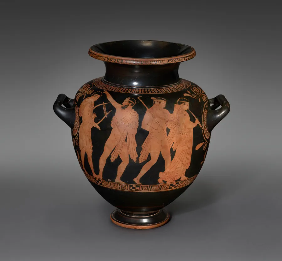 Red-Figure Stamnos (Mixing/Storage Vessel): Komos (Musicians and Revelers), by Kleophon Painter