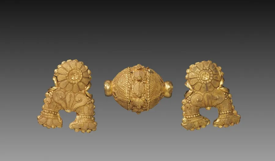 Necklace Bead and Pair of Pendants in the Shape of an Auspicious Symbol, by Unknown artist
