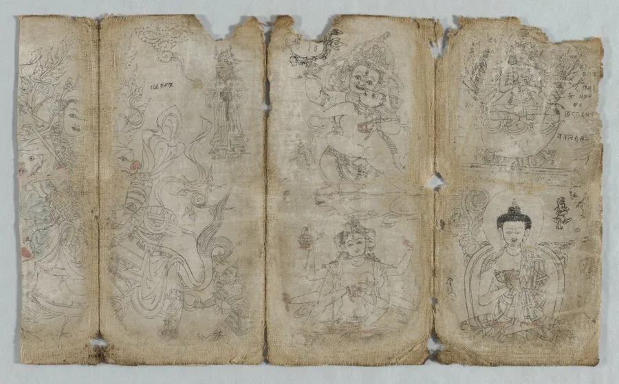 Iconographic Drawings:  Vaishravana, Yama, Ushnishavijaya, Chunda (?), and Buddha (recto), by Unknown artist