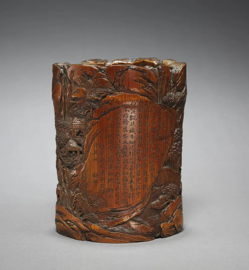 Brush Holder with Figures in Landscape and Poetic Inscription by Wang Meilin from Jiading, by Wang Meilin