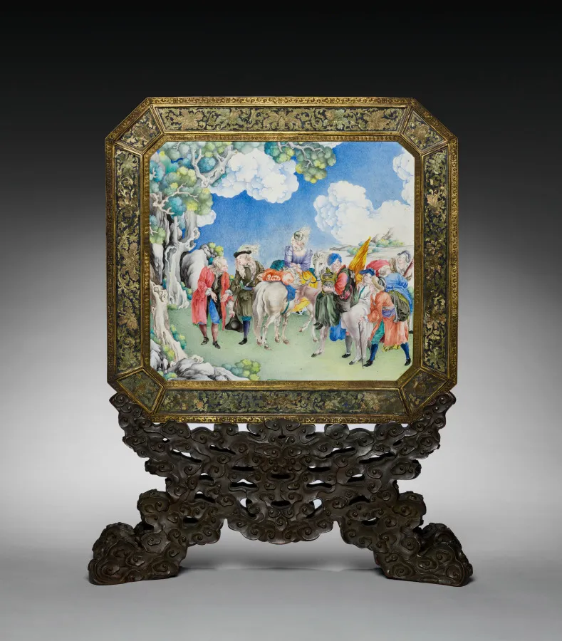 Screen with European Figures (obverse) and Landscape (reverse) with Stand, by Unknown artist